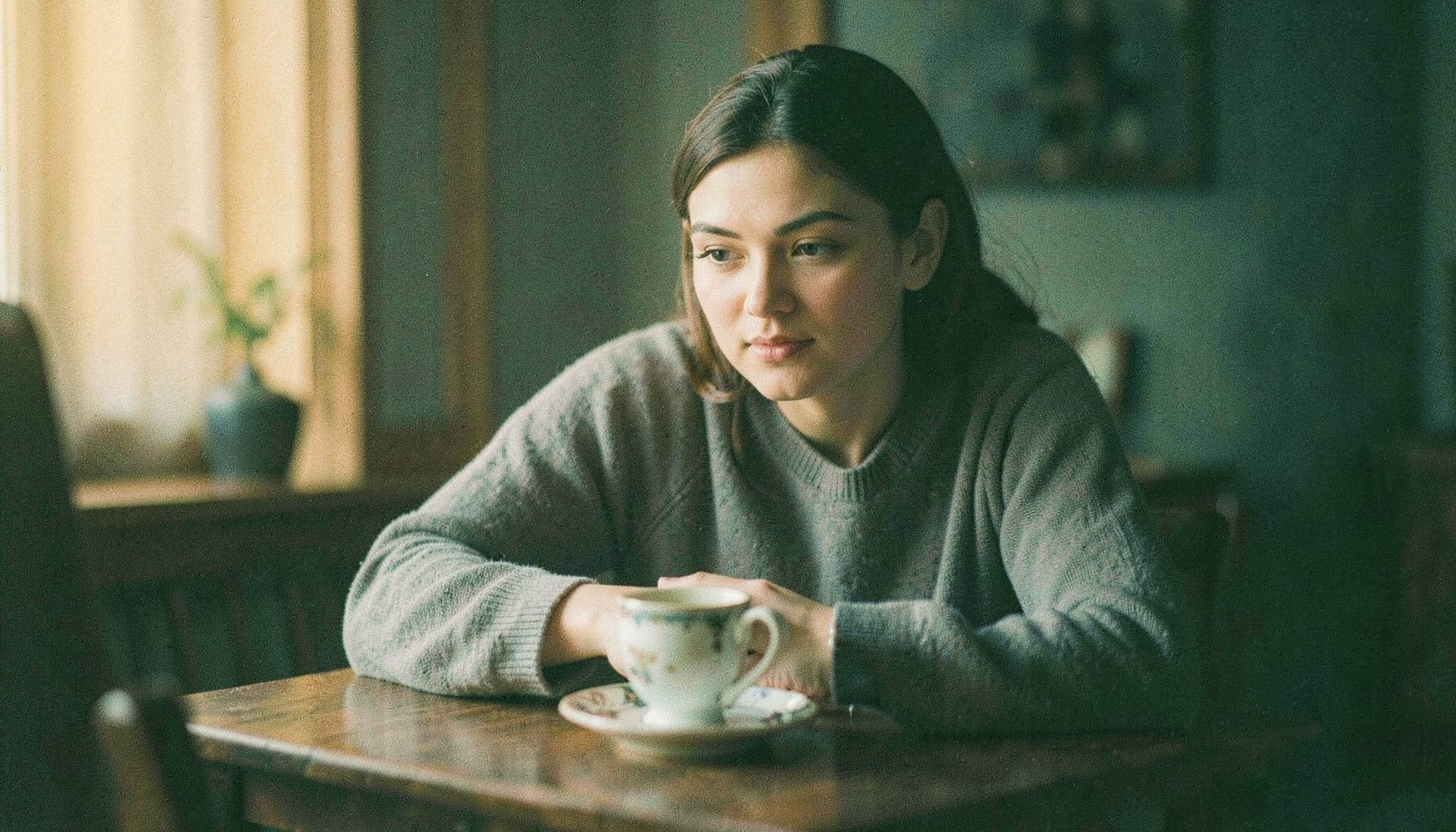 Topao, nježan filmski portret žene za stolom uz šolju čaja, nježno zlatno svjetlo, plave i zelene nijanse, blagi filmski grain, opuštena urednička atmosfera